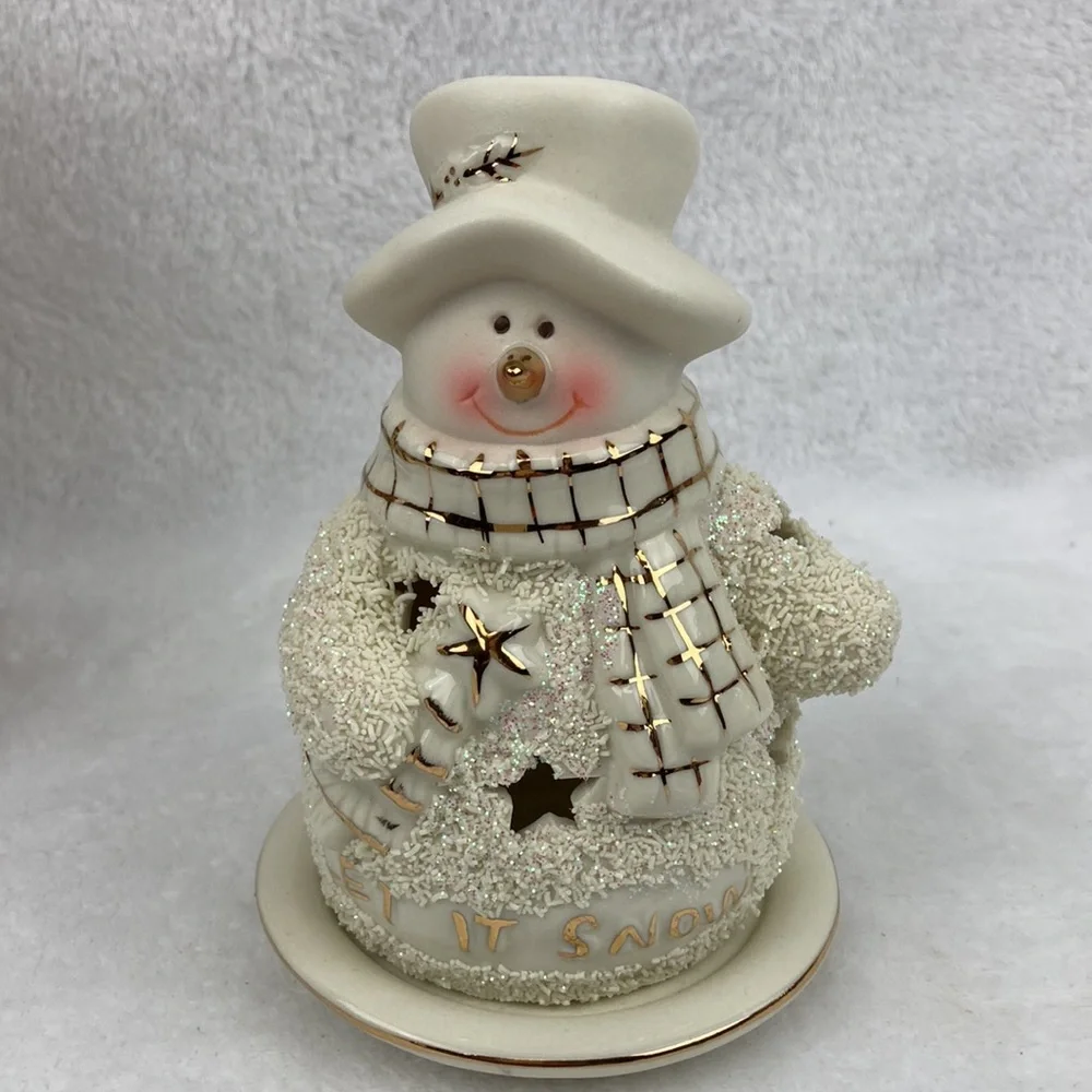 Christmas Let It Snow Ceramic Snowman Tea Light Holder with Plate NIB
